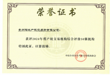 喜訊！貴州陽光產(chǎn)權(quán)交易所獲得2024年度全國產(chǎn)權(quán)交易機(jī)構(gòu)2項(xiàng)30強(qiáng)榮譽(yù)